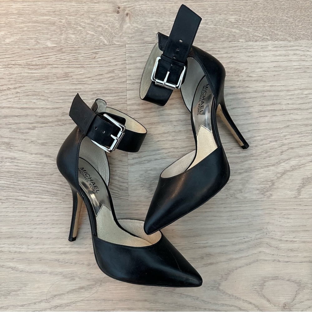 Michael Kors Black Leather Heels with Silver Buckle
